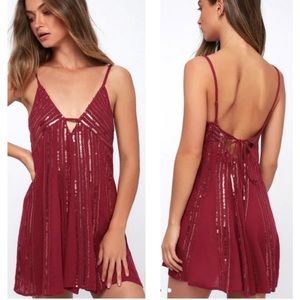Free People Here She Is Burgundy Sequin Slip Dress